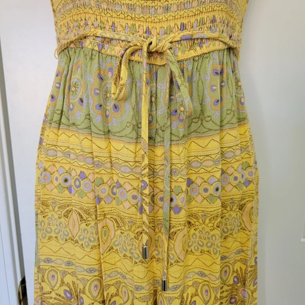 Forever 21 Yellow Green Printed Wide Leg Sleeveless Ruched Top Jumpsuit Size S